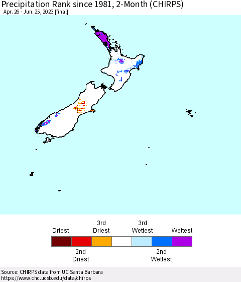 New Zealand Precipitation Rank since 1981, 2-Month (CHIRPS) Thematic Map For 4/26/2023 - 6/25/2023