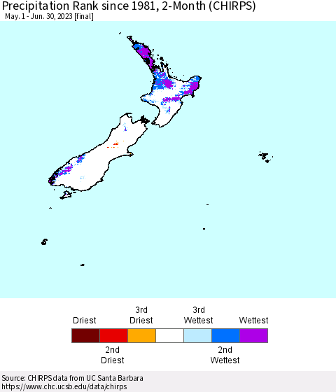 New Zealand Precipitation Rank since 1981, 2-Month (CHIRPS) Thematic Map For 5/1/2023 - 6/30/2023