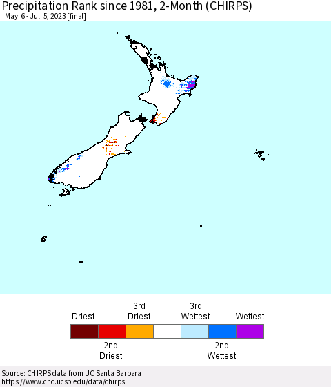 New Zealand Precipitation Rank since 1981, 2-Month (CHIRPS) Thematic Map For 5/6/2023 - 7/5/2023