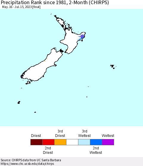New Zealand Precipitation Rank since 1981, 2-Month (CHIRPS) Thematic Map For 5/16/2023 - 7/15/2023
