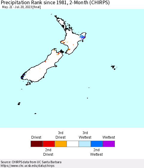 New Zealand Precipitation Rank since 1981, 2-Month (CHIRPS) Thematic Map For 5/21/2023 - 7/20/2023