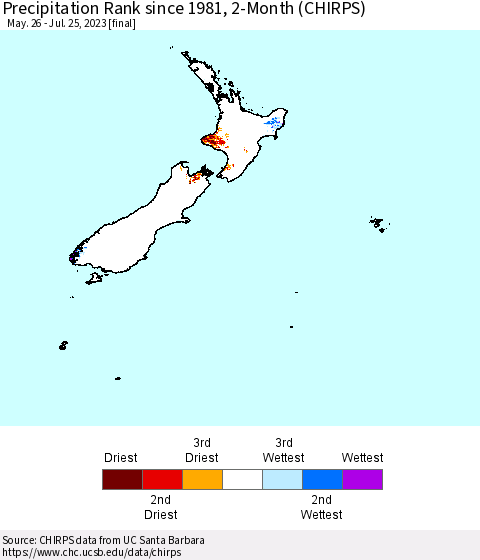New Zealand Precipitation Rank since 1981, 2-Month (CHIRPS) Thematic Map For 5/26/2023 - 7/25/2023