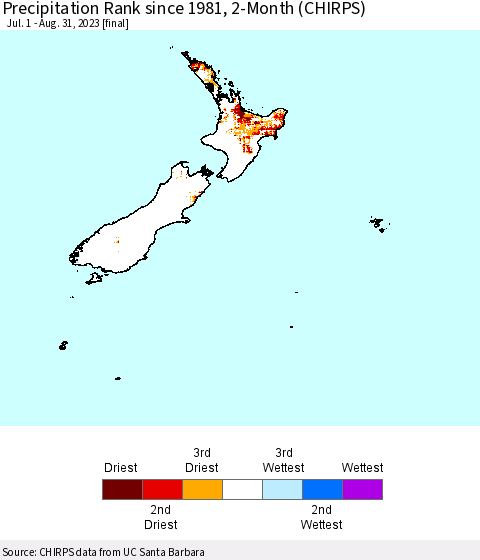 New Zealand Precipitation Rank since 1981, 2-Month (CHIRPS) Thematic Map For 7/1/2023 - 8/31/2023
