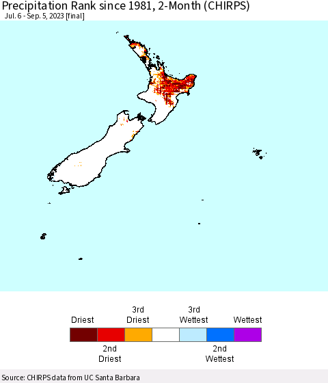 New Zealand Precipitation Rank since 1981, 2-Month (CHIRPS) Thematic Map For 7/6/2023 - 9/5/2023
