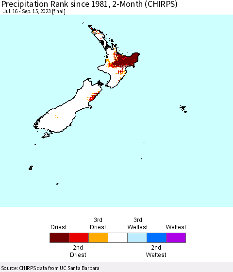 New Zealand Precipitation Rank since 1981, 2-Month (CHIRPS) Thematic Map For 7/16/2023 - 9/15/2023