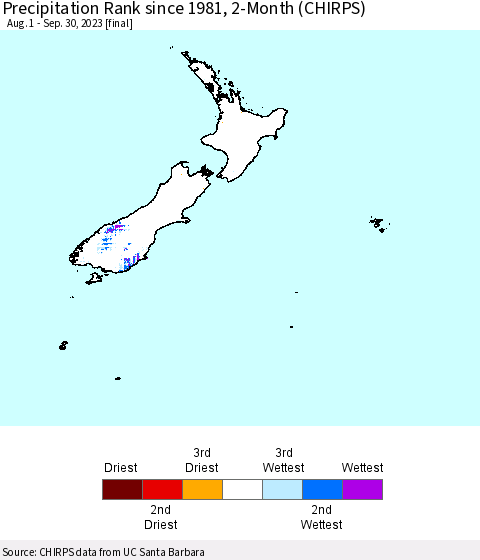 New Zealand Precipitation Rank since 1981, 2-Month (CHIRPS) Thematic Map For 8/1/2023 - 9/30/2023