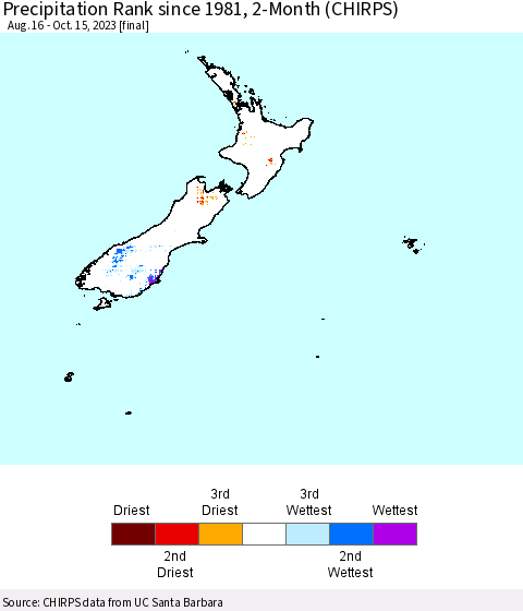 New Zealand Precipitation Rank since 1981, 2-Month (CHIRPS) Thematic Map For 8/16/2023 - 10/15/2023