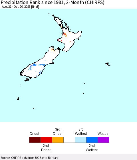 New Zealand Precipitation Rank since 1981, 2-Month (CHIRPS) Thematic Map For 8/21/2023 - 10/20/2023