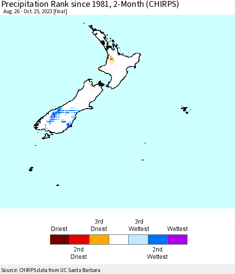 New Zealand Precipitation Rank since 1981, 2-Month (CHIRPS) Thematic Map For 8/26/2023 - 10/25/2023