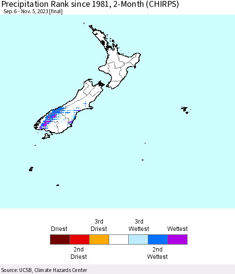 New Zealand Precipitation Rank since 1981, 2-Month (CHIRPS) Thematic Map For 9/6/2023 - 11/5/2023