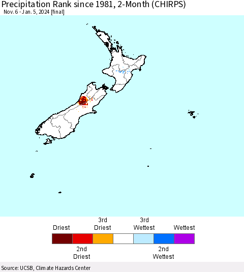 New Zealand Precipitation Rank since 1981, 2-Month (CHIRPS) Thematic Map For 11/6/2023 - 1/5/2024