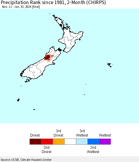 New Zealand Precipitation Rank since 1981, 2-Month (CHIRPS) Thematic Map For 11/11/2023 - 1/10/2024