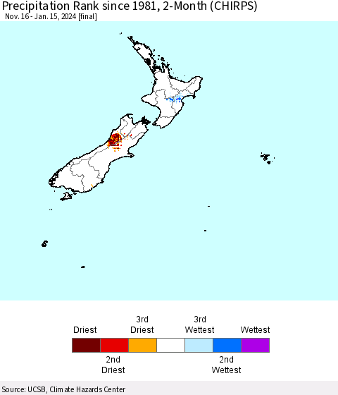 New Zealand Precipitation Rank since 1981, 2-Month (CHIRPS) Thematic Map For 11/16/2023 - 1/15/2024