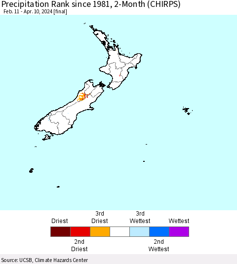 New Zealand Precipitation Rank since 1981, 2-Month (CHIRPS) Thematic Map For 2/11/2024 - 4/10/2024