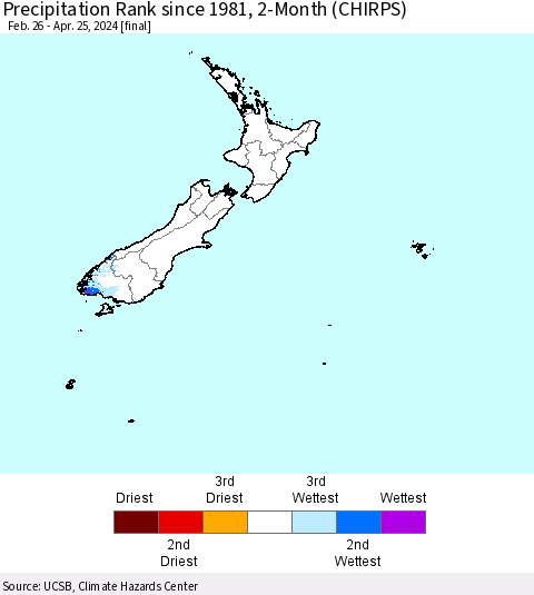 New Zealand Precipitation Rank since 1981, 2-Month (CHIRPS) Thematic Map For 2/26/2024 - 4/25/2024
