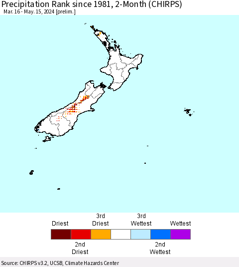 New Zealand Precipitation Rank since 1981, 2-Month (CHIRPS) Thematic Map For 3/16/2024 - 5/15/2024