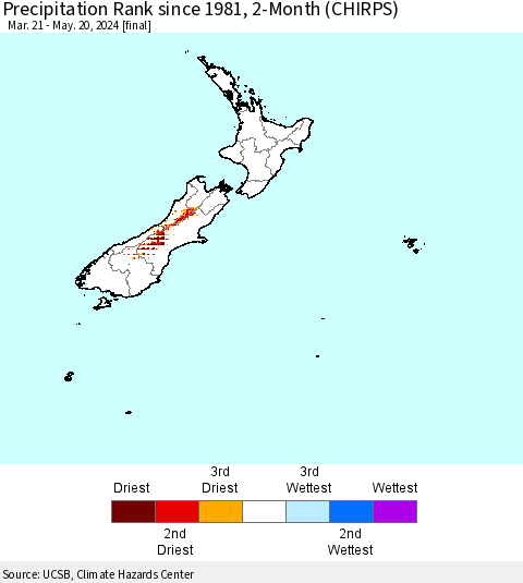 New Zealand Precipitation Rank since 1981, 2-Month (CHIRPS) Thematic Map For 3/21/2024 - 5/20/2024