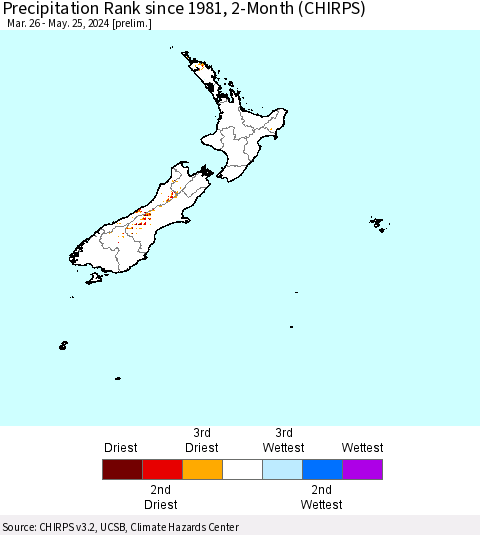 New Zealand Precipitation Rank since 1981, 2-Month (CHIRPS) Thematic Map For 3/26/2024 - 5/25/2024