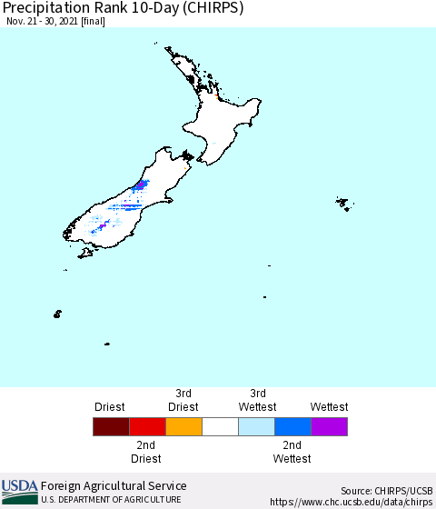 New Zealand Precipitation Rank since 1981, 10-Day (CHIRPS) Thematic Map For 11/21/2021 - 11/30/2021