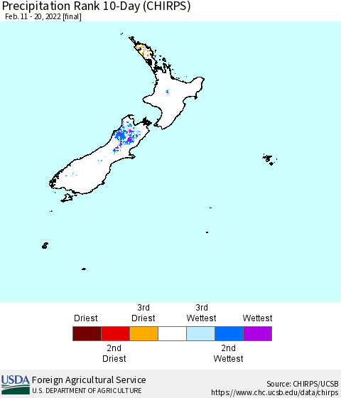New Zealand Precipitation Rank since 1981, 10-Day (CHIRPS) Thematic Map For 2/11/2022 - 2/20/2022
