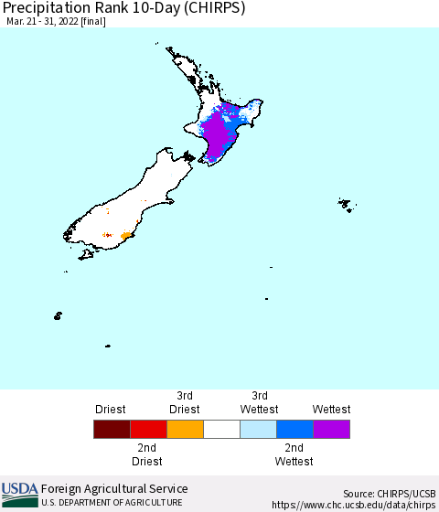 New Zealand Precipitation Rank since 1981, 10-Day (CHIRPS) Thematic Map For 3/21/2022 - 3/31/2022