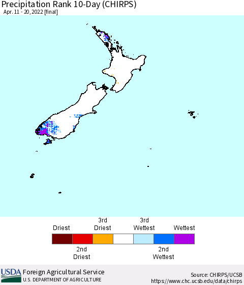 New Zealand Precipitation Rank since 1981, 10-Day (CHIRPS) Thematic Map For 4/11/2022 - 4/20/2022