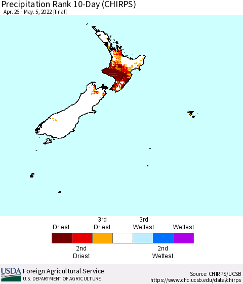New Zealand Precipitation Rank since 1981, 10-Day (CHIRPS) Thematic Map For 4/26/2022 - 5/5/2022