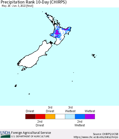 New Zealand Precipitation Rank since 1981, 10-Day (CHIRPS) Thematic Map For 5/26/2022 - 6/5/2022