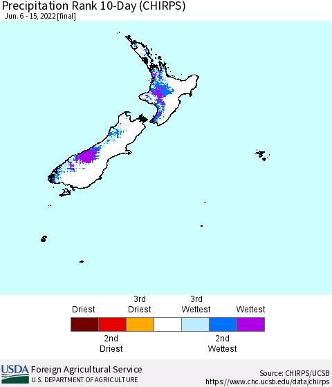 New Zealand Precipitation Rank since 1981, 10-Day (CHIRPS) Thematic Map For 6/6/2022 - 6/15/2022