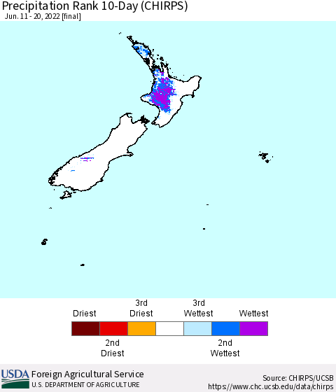 New Zealand Precipitation Rank since 1981, 10-Day (CHIRPS) Thematic Map For 6/11/2022 - 6/20/2022