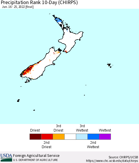 New Zealand Precipitation Rank since 1981, 10-Day (CHIRPS) Thematic Map For 6/16/2022 - 6/25/2022