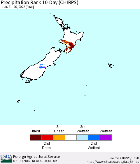 New Zealand Precipitation Rank since 1981, 10-Day (CHIRPS) Thematic Map For 6/21/2022 - 6/30/2022