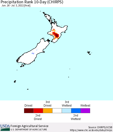 New Zealand Precipitation Rank since 1981, 10-Day (CHIRPS) Thematic Map For 6/26/2022 - 7/5/2022