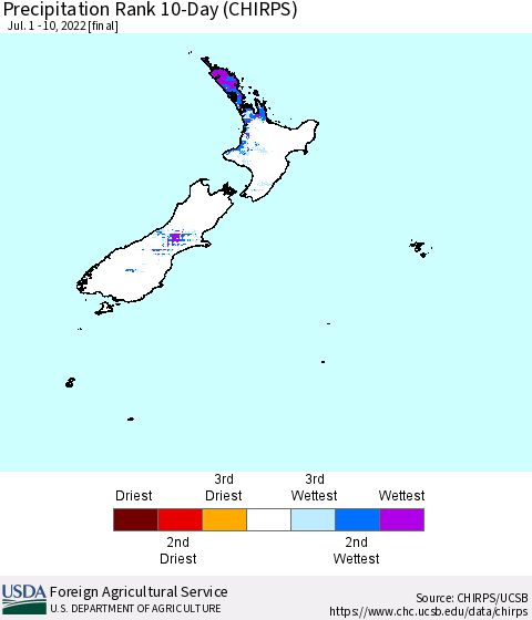 New Zealand Precipitation Rank since 1981, 10-Day (CHIRPS) Thematic Map For 7/1/2022 - 7/10/2022