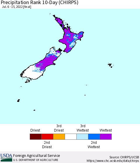 New Zealand Precipitation Rank since 1981, 10-Day (CHIRPS) Thematic Map For 7/6/2022 - 7/15/2022