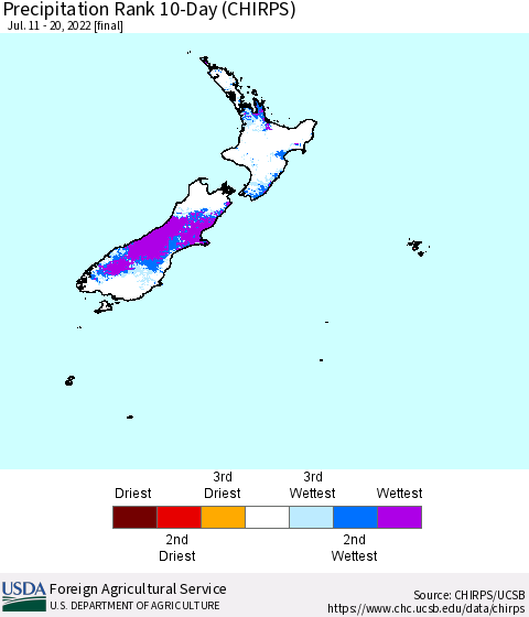 New Zealand Precipitation Rank since 1981, 10-Day (CHIRPS) Thematic Map For 7/11/2022 - 7/20/2022