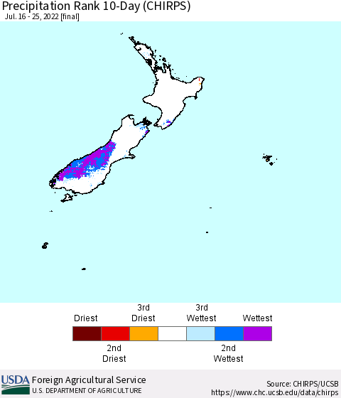 New Zealand Precipitation Rank since 1981, 10-Day (CHIRPS) Thematic Map For 7/16/2022 - 7/25/2022