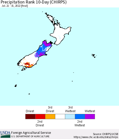 New Zealand Precipitation Rank since 1981, 10-Day (CHIRPS) Thematic Map For 7/21/2022 - 7/31/2022