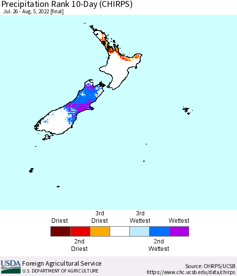 New Zealand Precipitation Rank since 1981, 10-Day (CHIRPS) Thematic Map For 7/26/2022 - 8/5/2022