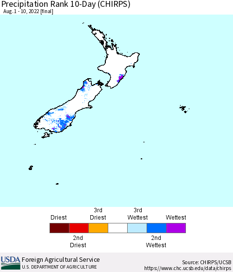 New Zealand Precipitation Rank since 1981, 10-Day (CHIRPS) Thematic Map For 8/1/2022 - 8/10/2022