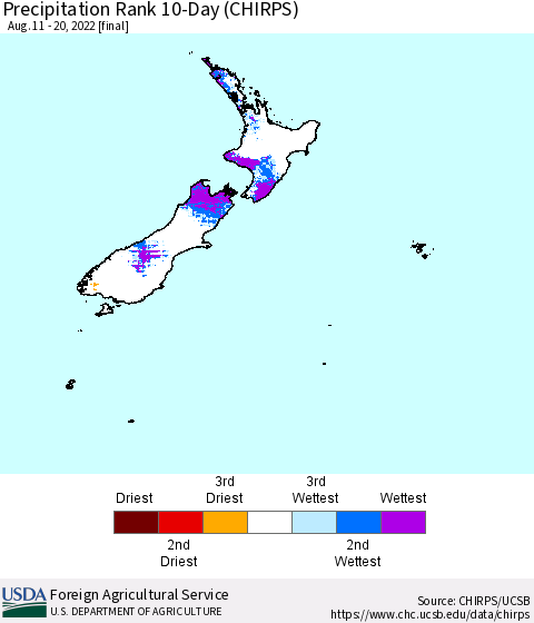 New Zealand Precipitation Rank since 1981, 10-Day (CHIRPS) Thematic Map For 8/11/2022 - 8/20/2022