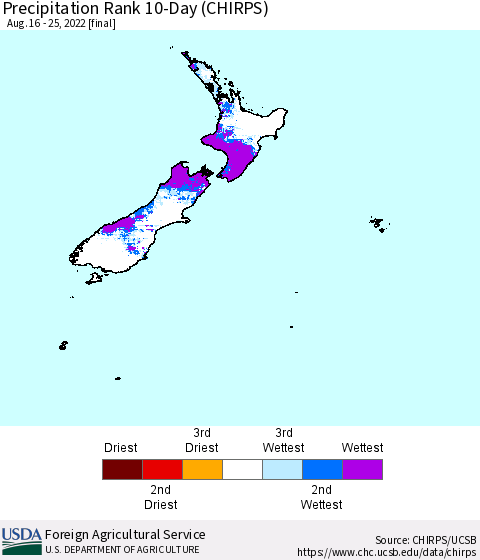 New Zealand Precipitation Rank since 1981, 10-Day (CHIRPS) Thematic Map For 8/16/2022 - 8/25/2022