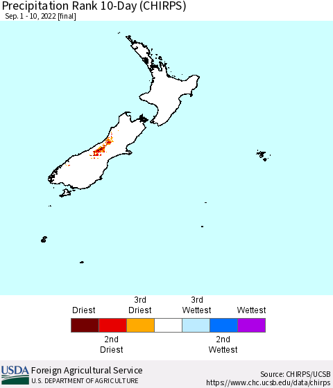 New Zealand Precipitation Rank since 1981, 10-Day (CHIRPS) Thematic Map For 9/1/2022 - 9/10/2022