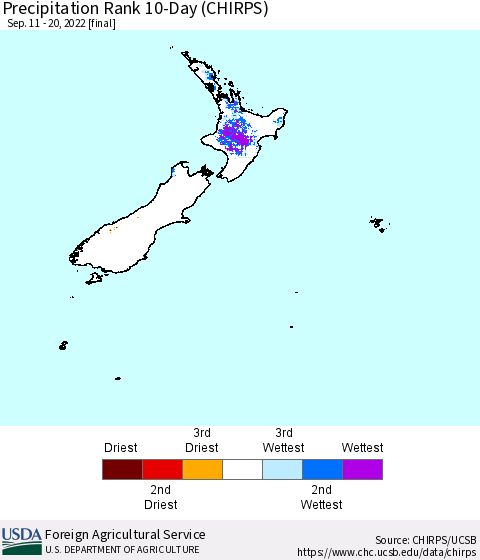 New Zealand Precipitation Rank since 1981, 10-Day (CHIRPS) Thematic Map For 9/11/2022 - 9/20/2022