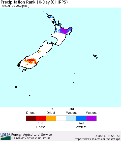 New Zealand Precipitation Rank since 1981, 10-Day (CHIRPS) Thematic Map For 9/21/2022 - 9/30/2022