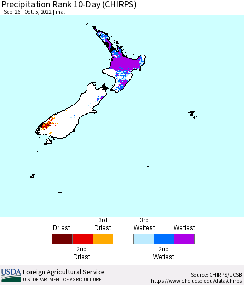 New Zealand Precipitation Rank since 1981, 10-Day (CHIRPS) Thematic Map For 9/26/2022 - 10/5/2022