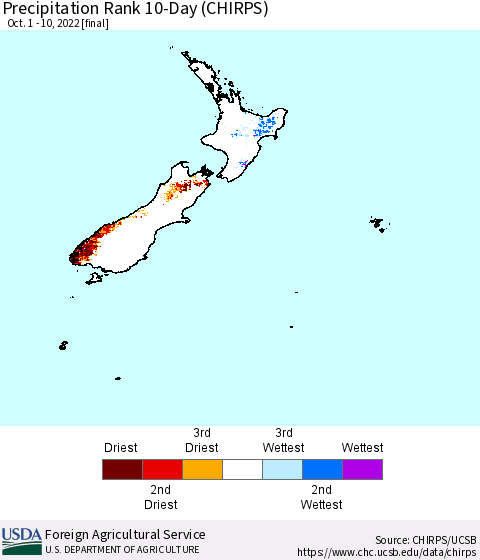 New Zealand Precipitation Rank since 1981, 10-Day (CHIRPS) Thematic Map For 10/1/2022 - 10/10/2022