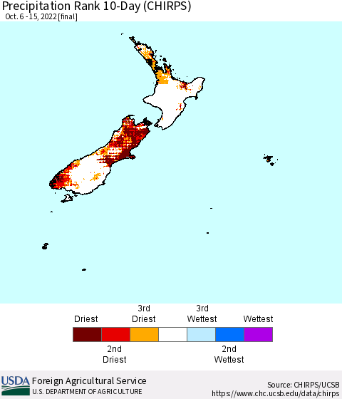 New Zealand Precipitation Rank since 1981, 10-Day (CHIRPS) Thematic Map For 10/6/2022 - 10/15/2022