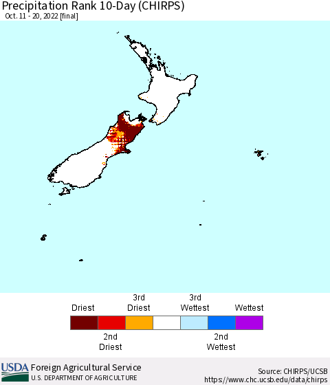 New Zealand Precipitation Rank since 1981, 10-Day (CHIRPS) Thematic Map For 10/11/2022 - 10/20/2022