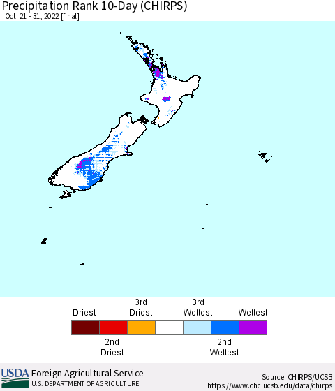 New Zealand Precipitation Rank since 1981, 10-Day (CHIRPS) Thematic Map For 10/21/2022 - 10/31/2022